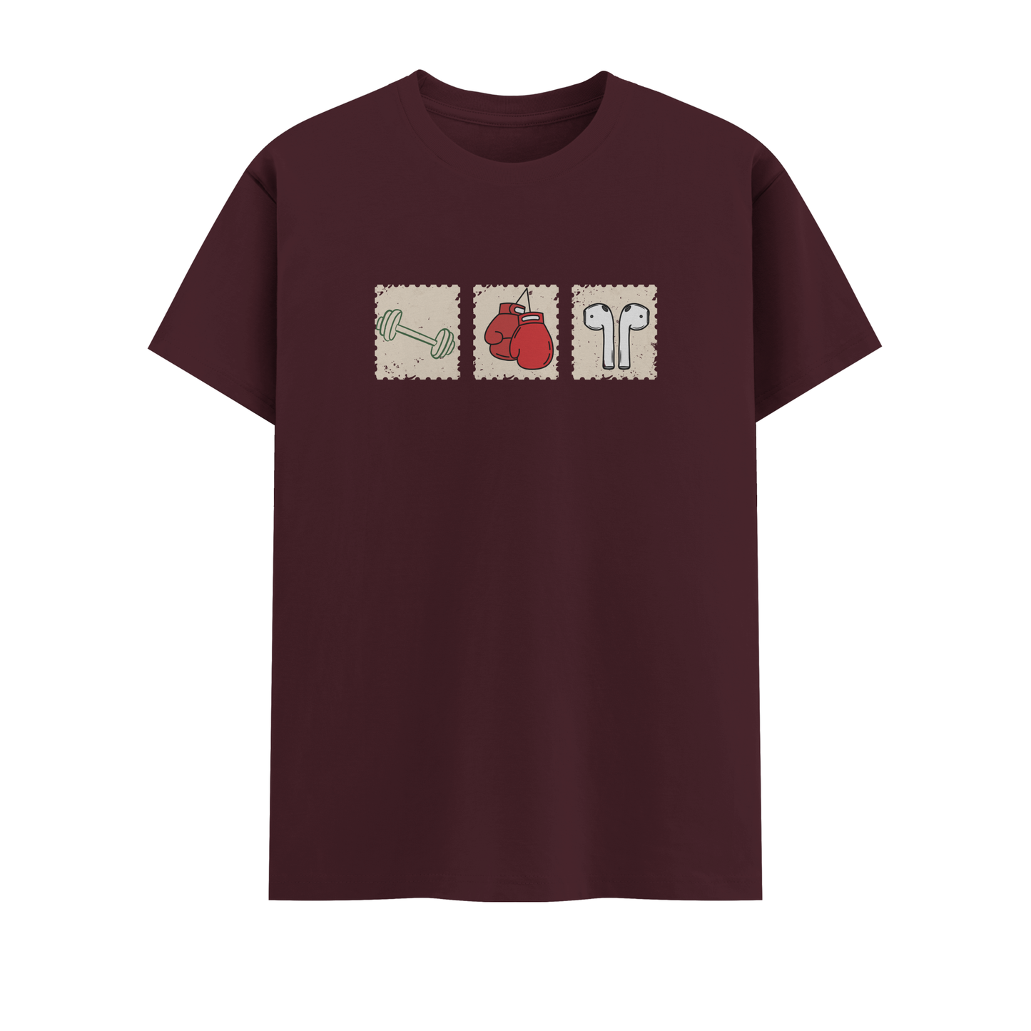 Maroon t-shirt with graphic design on a white background
