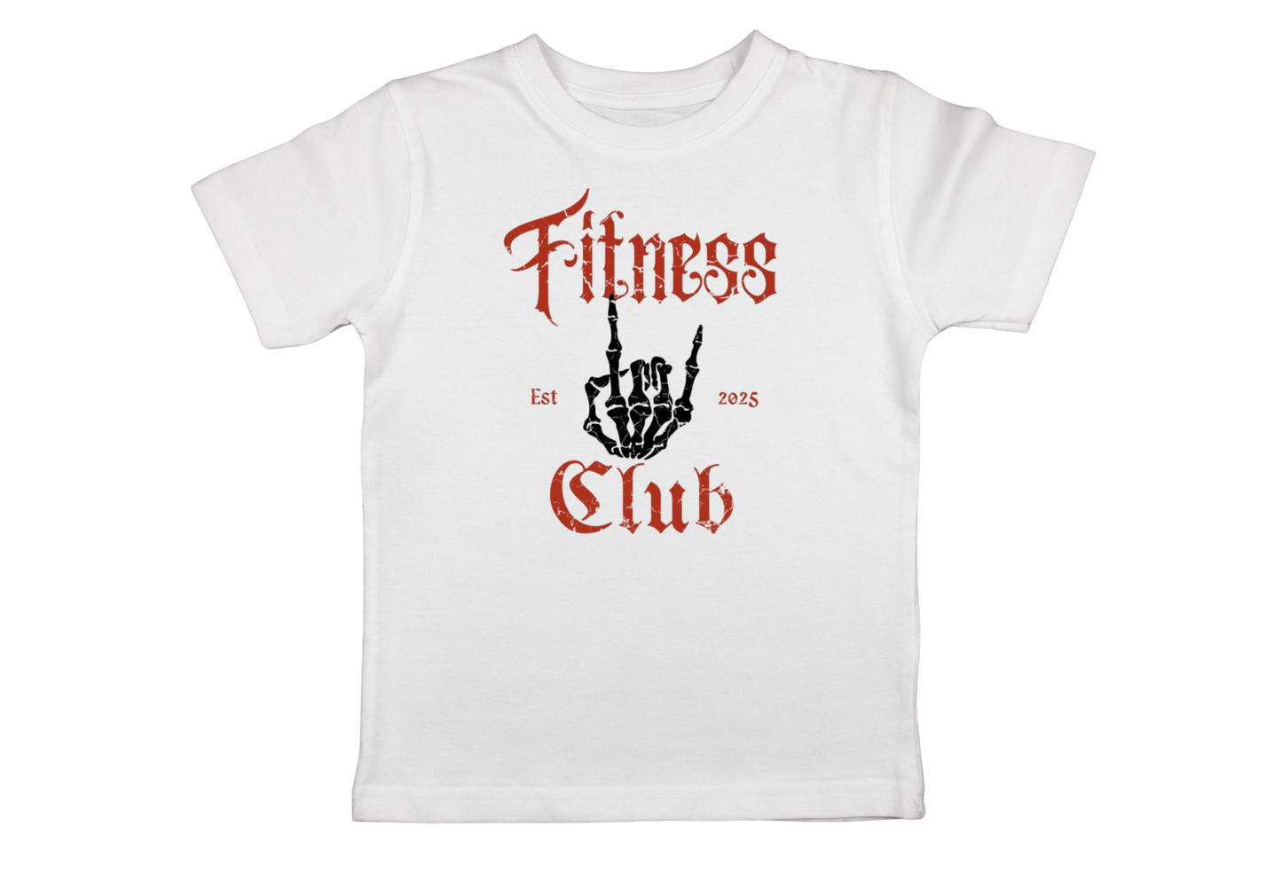 White t-shirt with red and black graphic design on a white background