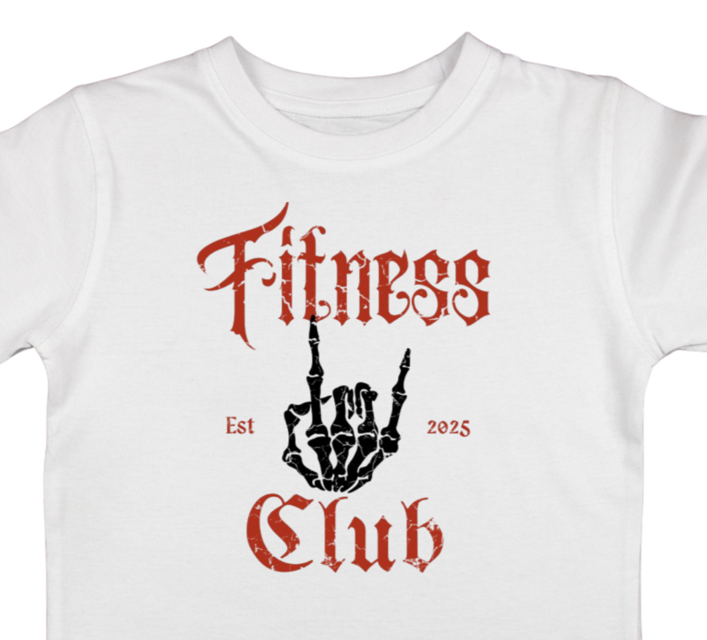 White t-shirt with 'Fitness Club' text and graphic on a white background