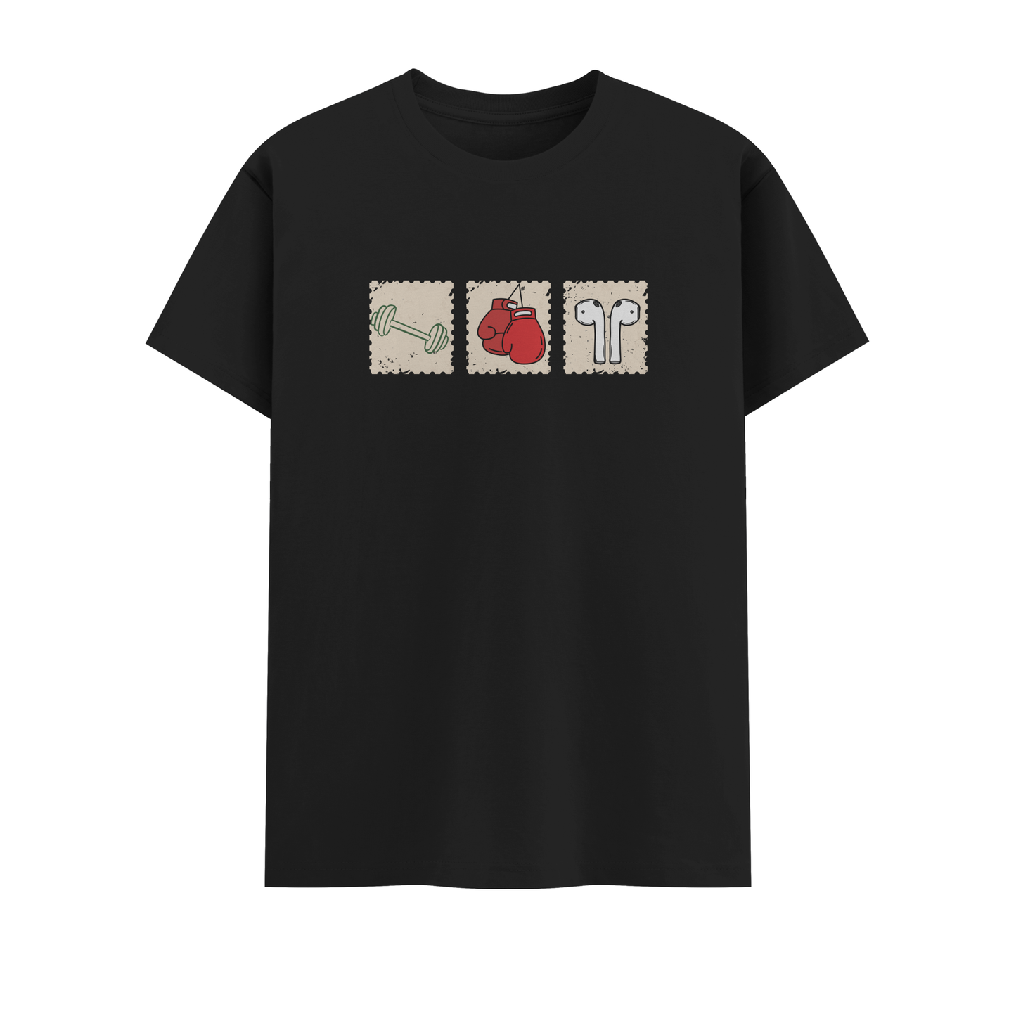 Black t-shirt with graphic design on a white background