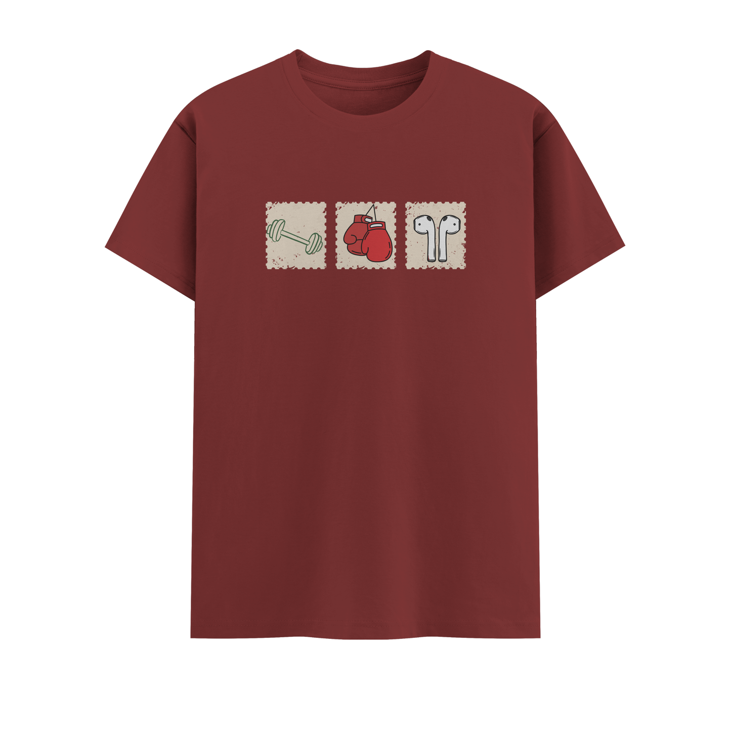 brick red t-shirt with graphic design on a white background