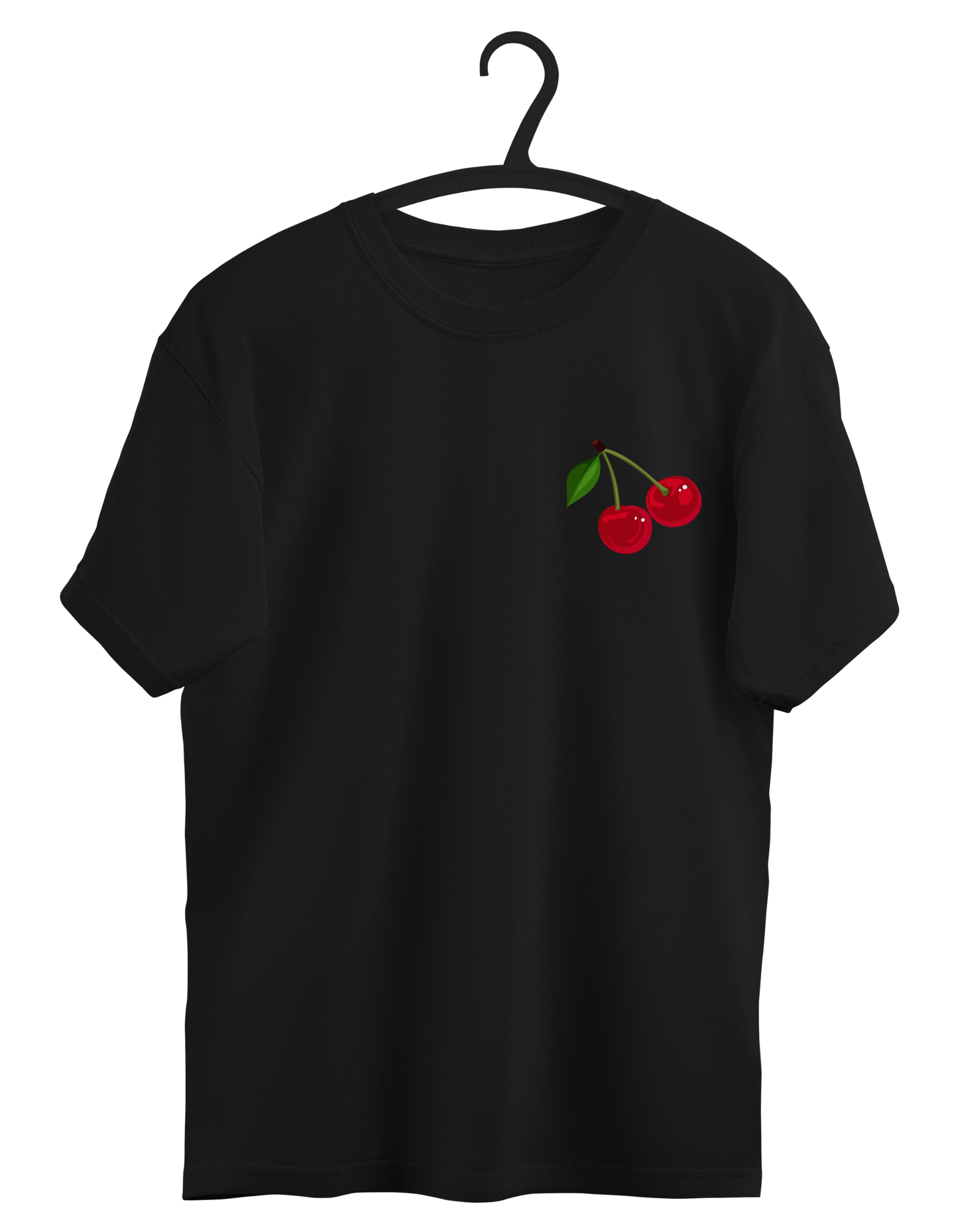 Black t-shirt with red cherries on a hanger against a white background