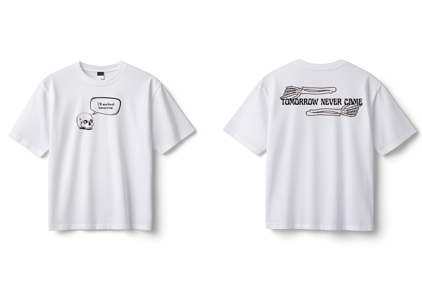 White t-shirt with text and graphics on front and back on a white background