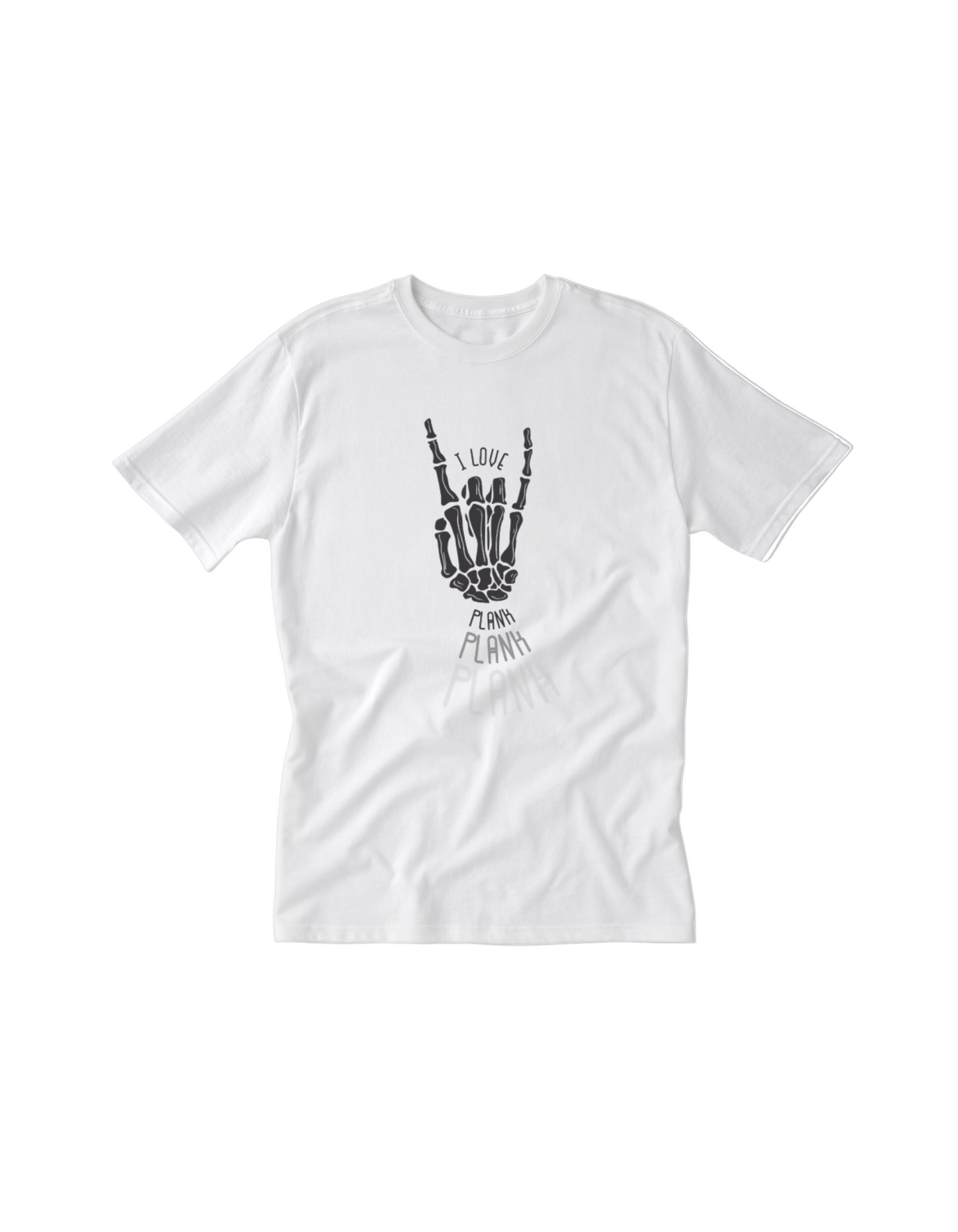 White t-shirt with black graphic design on a grey background