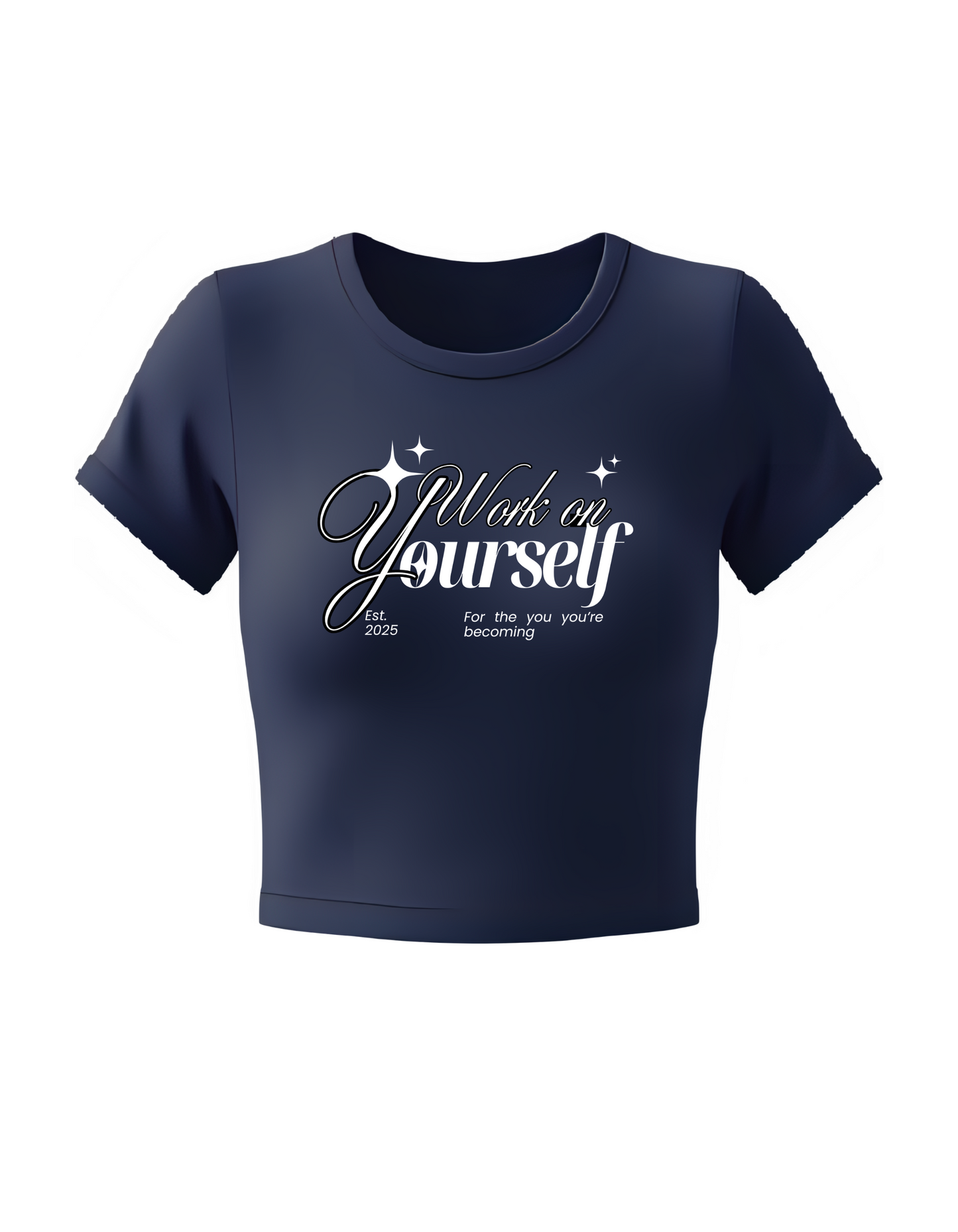 Navy blue t-shirt with white text on a white background