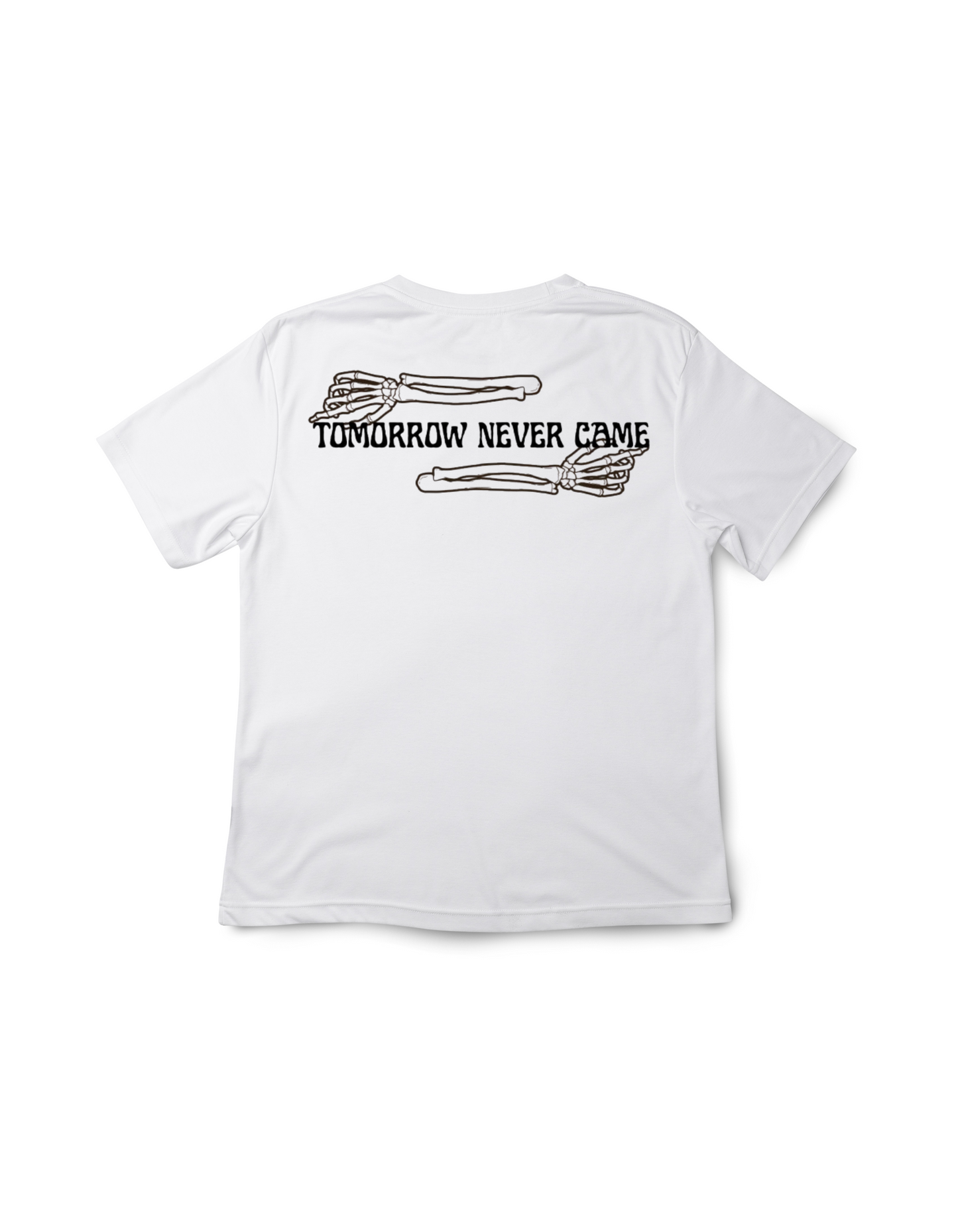 White t-shirt with black text and graphics on a white background