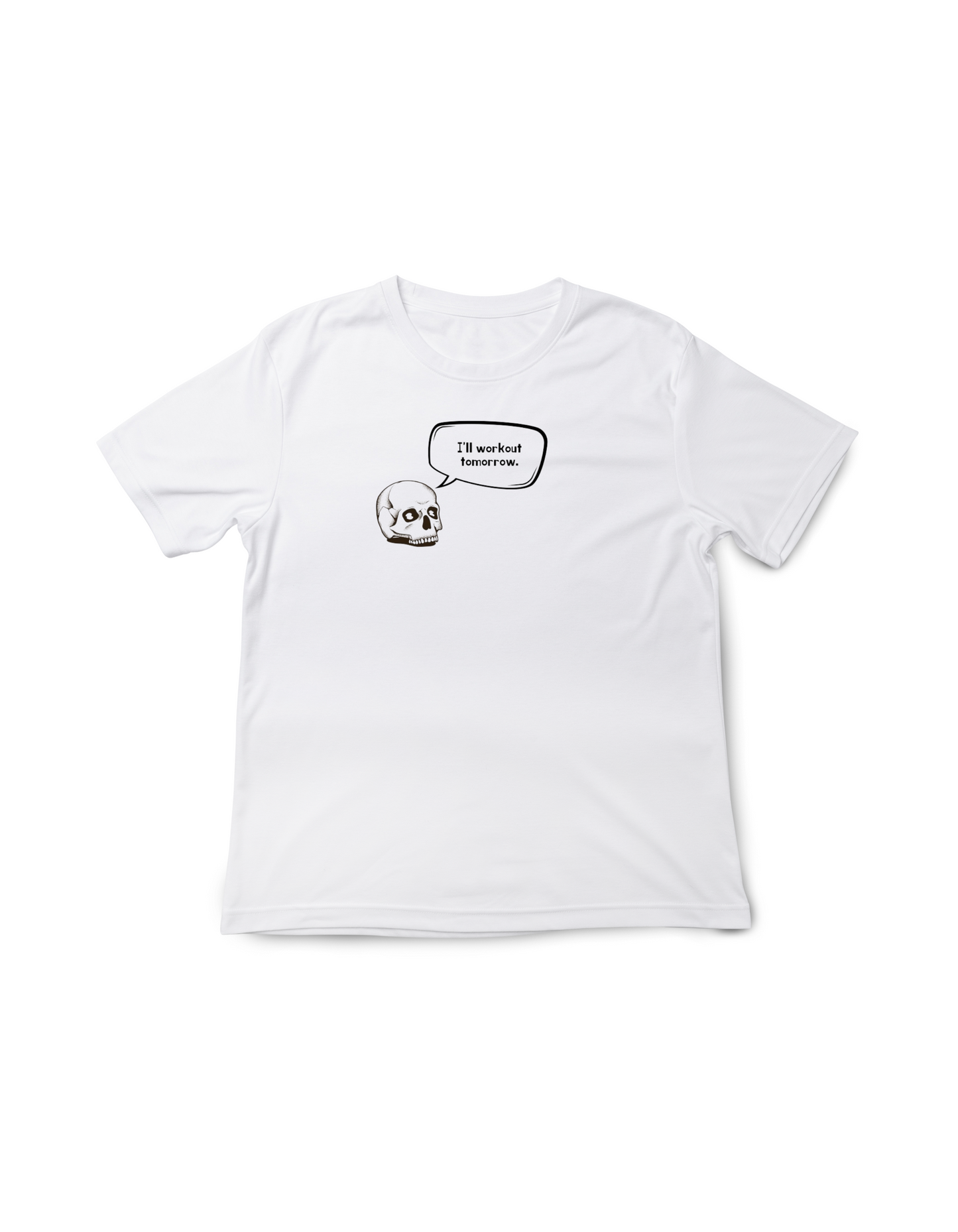 White t-shirt with a graphic design on a white background