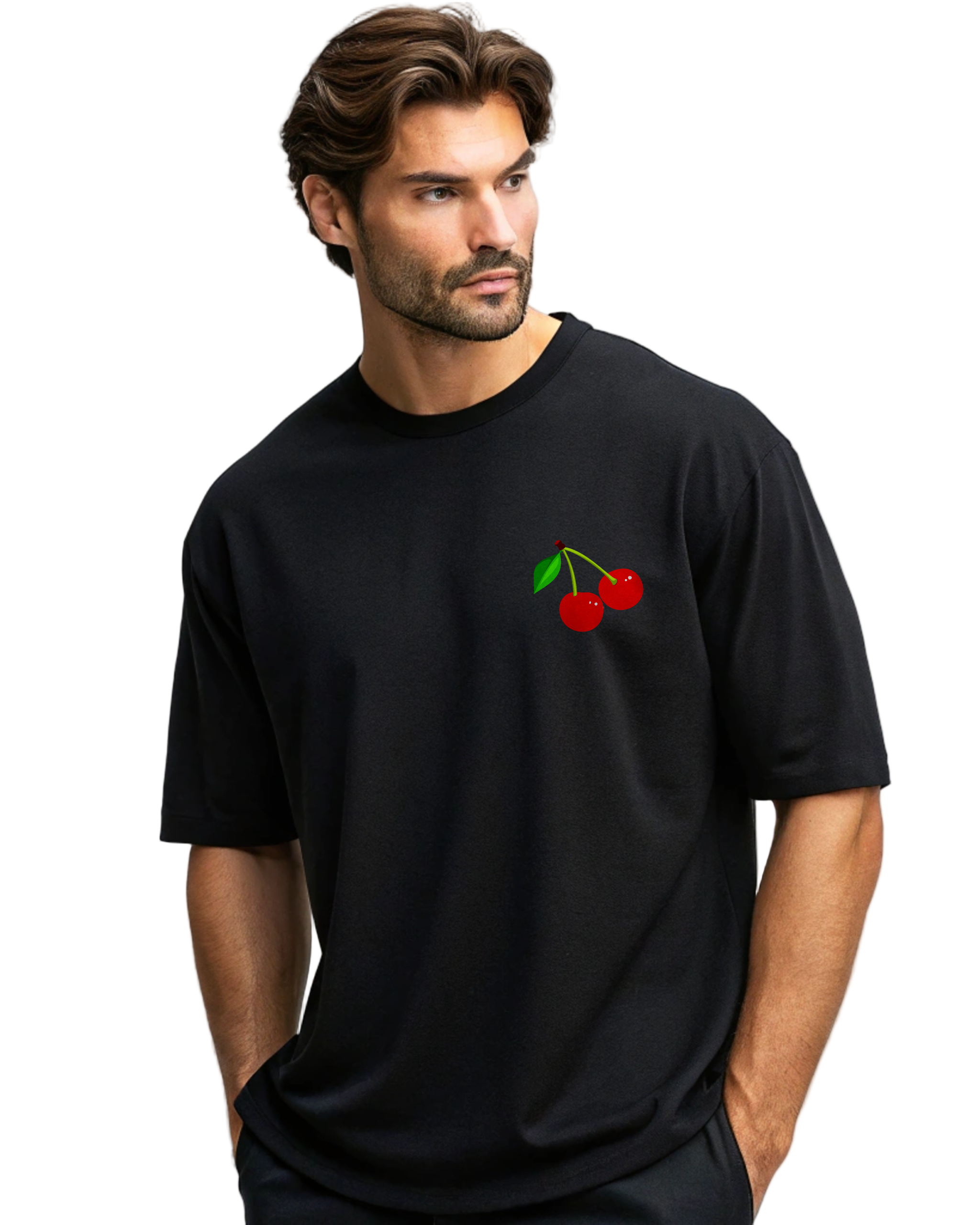 Man wearing a black t-shirt with a cherry design on a light gray background