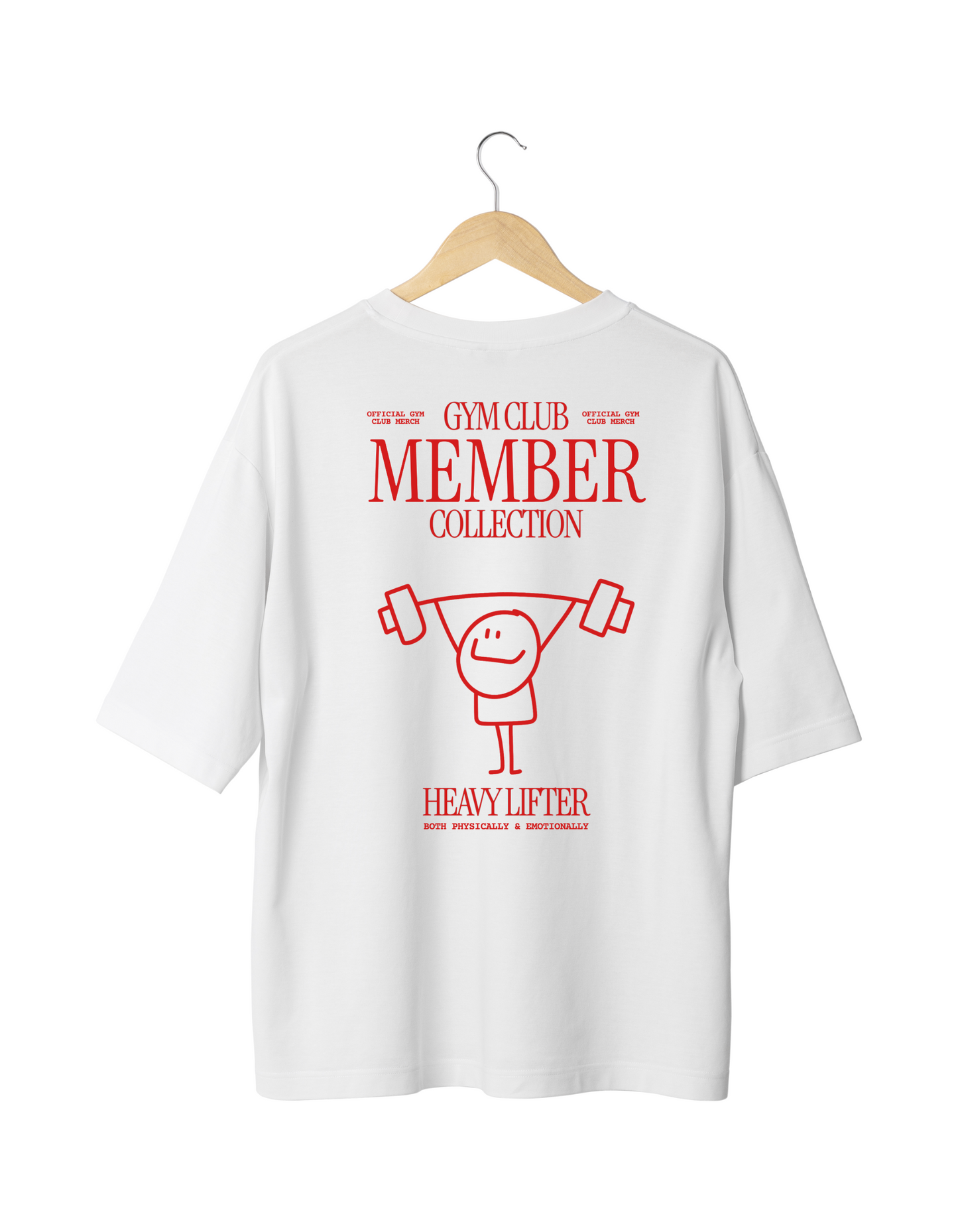 White t-shirt with red graphics and text on a white background