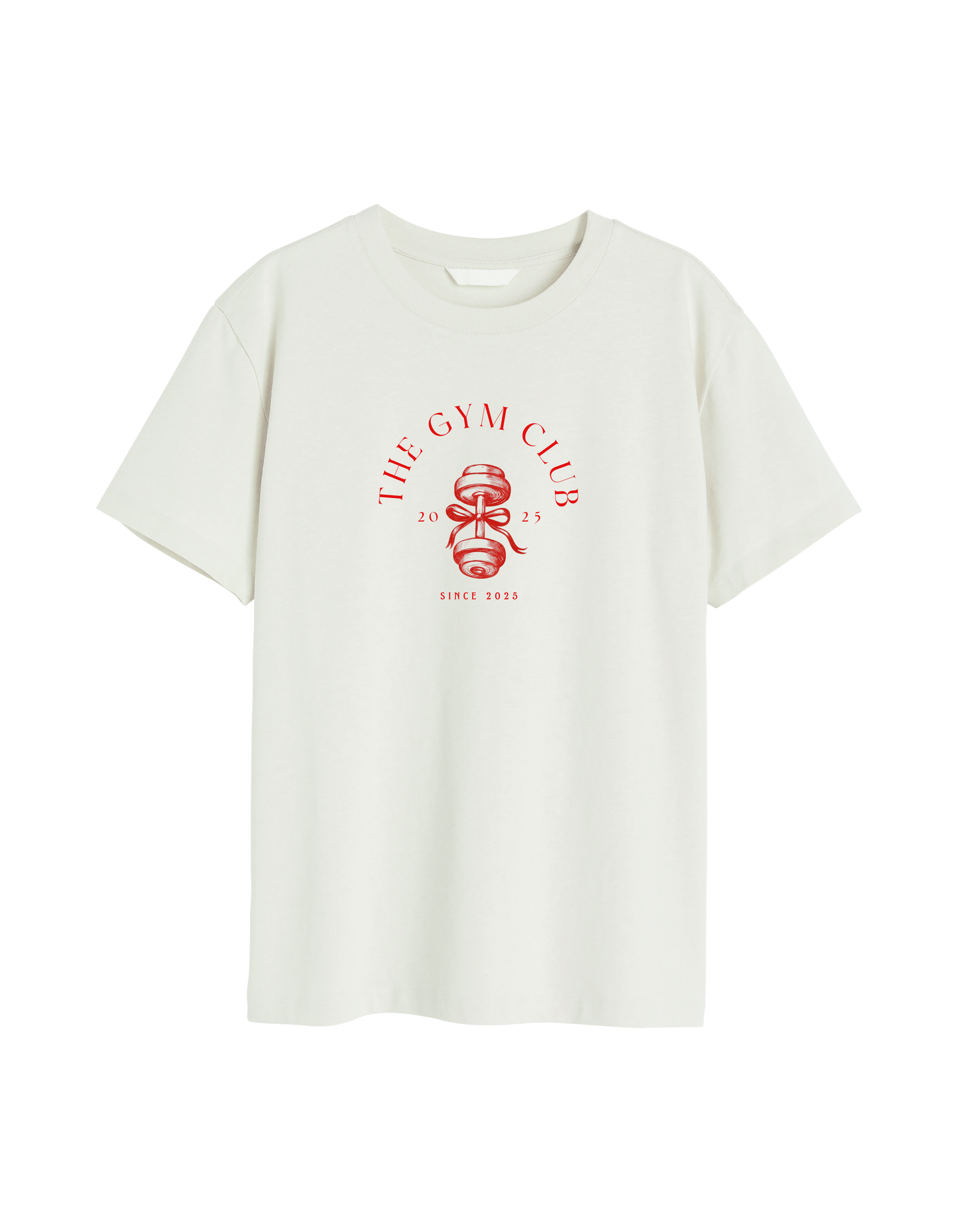 White t-shirt with red 'The Gym Club' logo on a white background