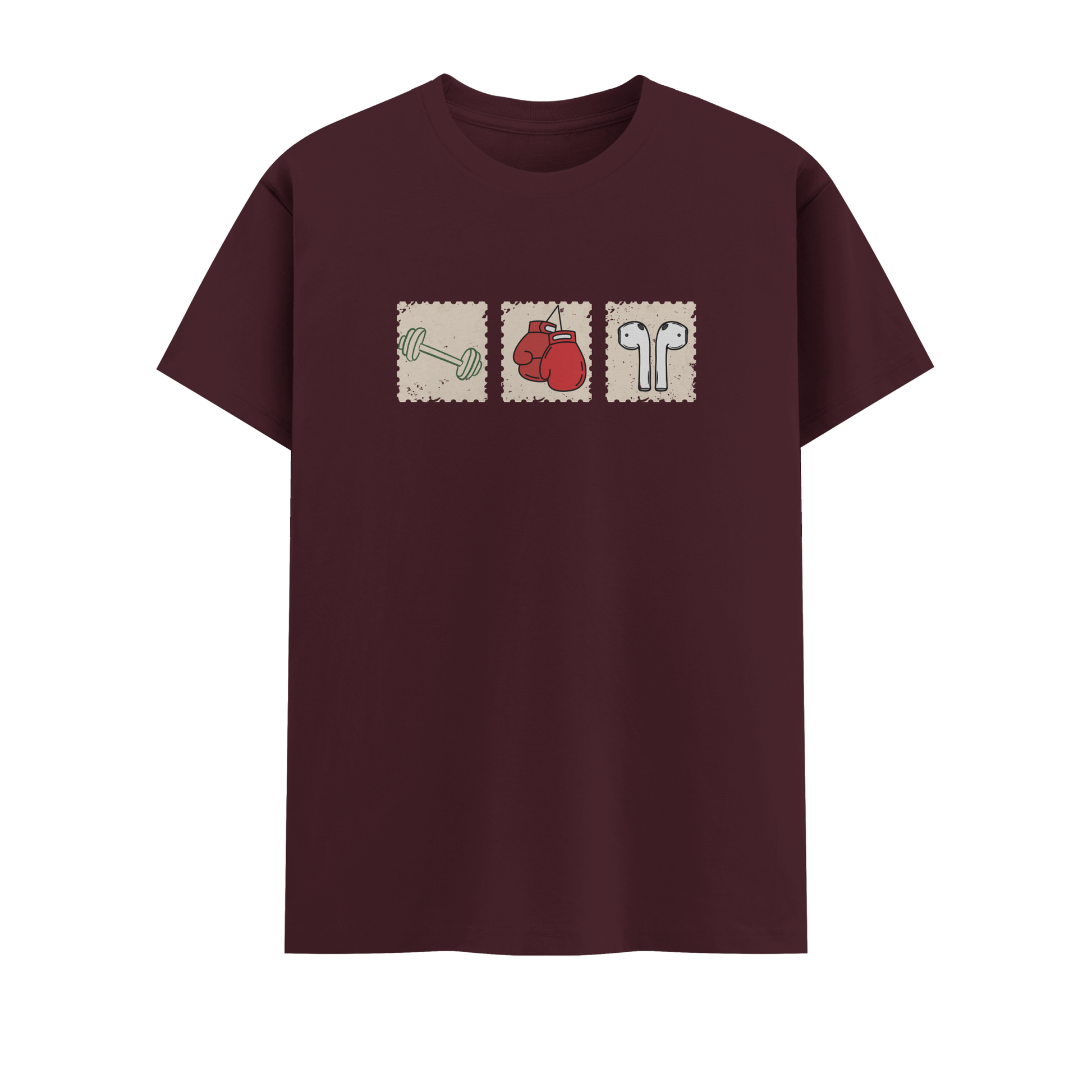 Maroon t-shirt with graphic design on a white background