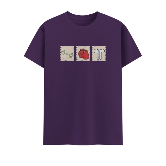 Purple t-shirt with graphic designs on a white background