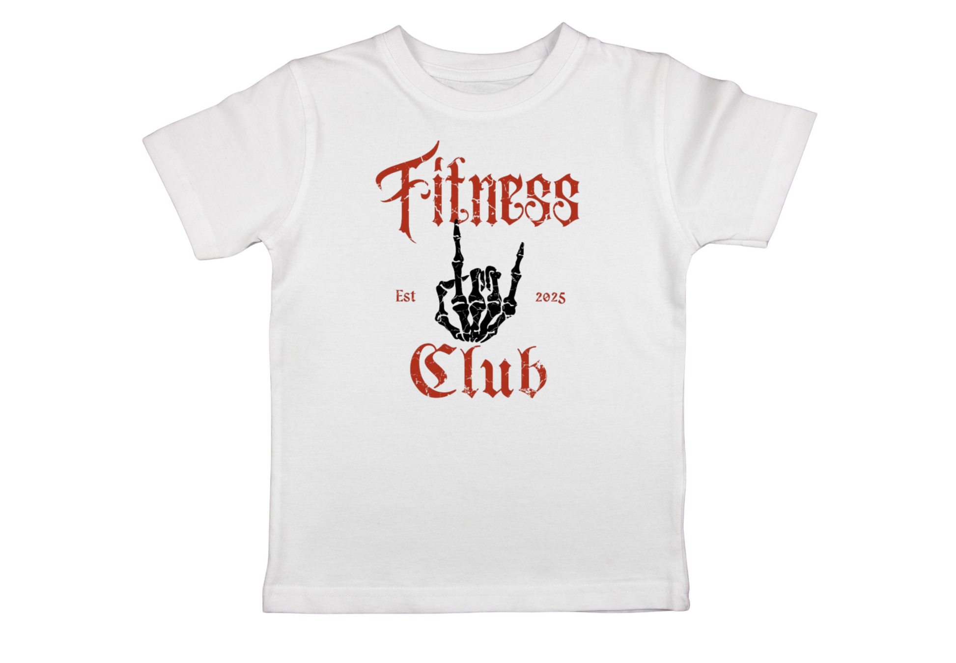 White t-shirt with red and black graphic design on a white background