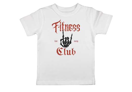 White t-shirt with red and black graphic design on a white background