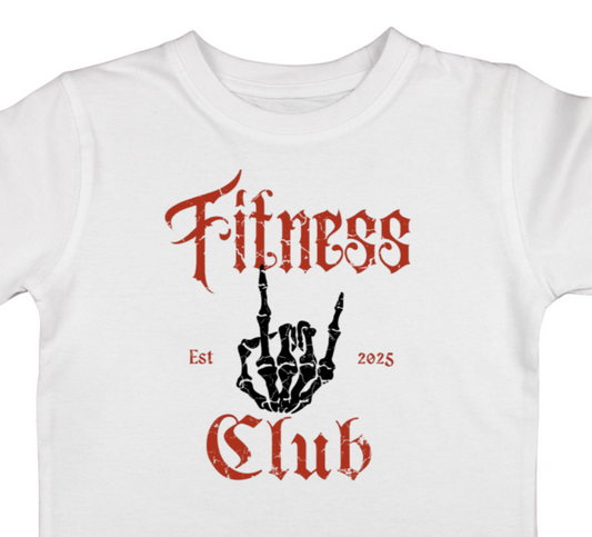 White t-shirt with 'Fitness Club' text and graphic on a white background