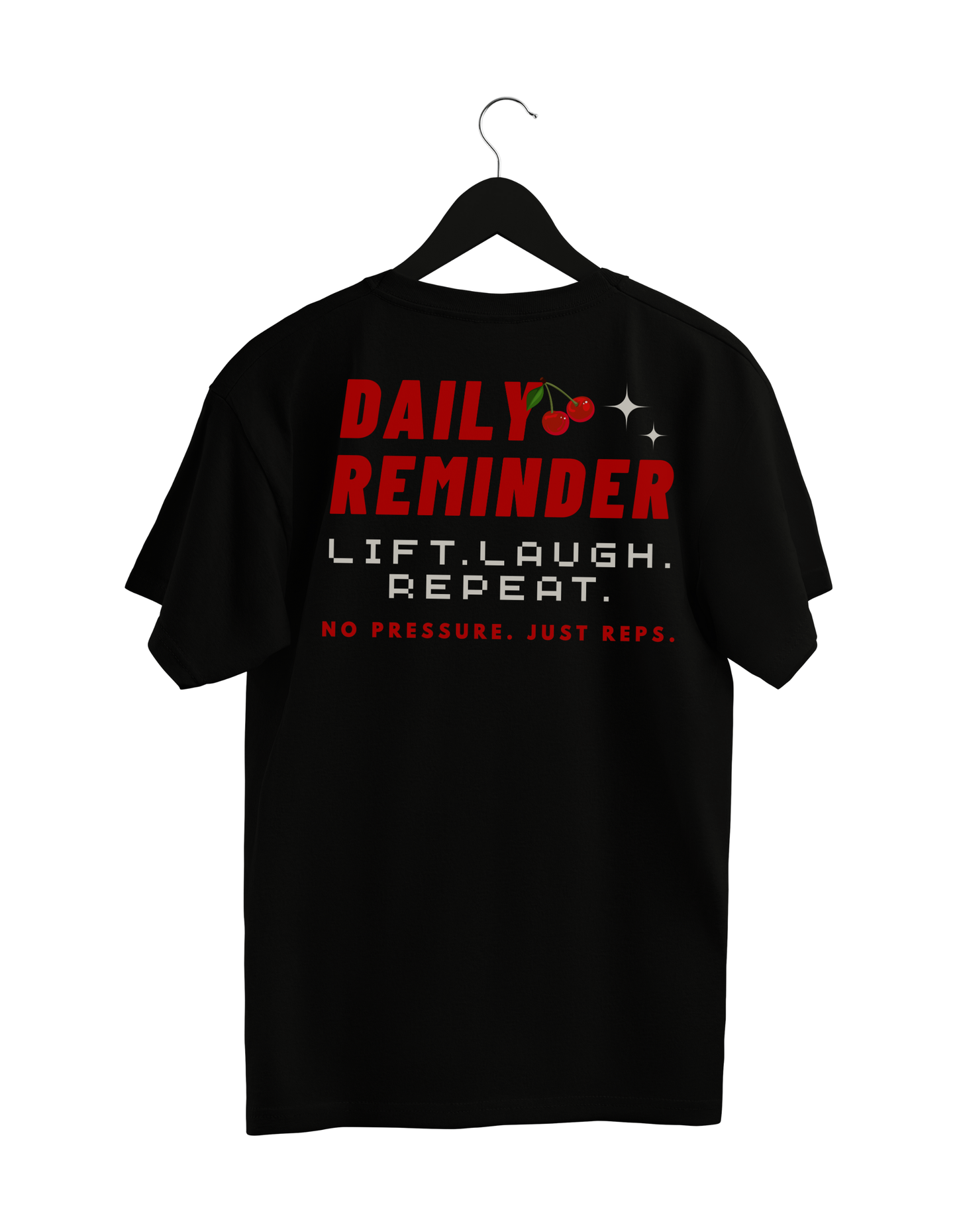 Black t-shirt with motivational text on a hanger against a white background