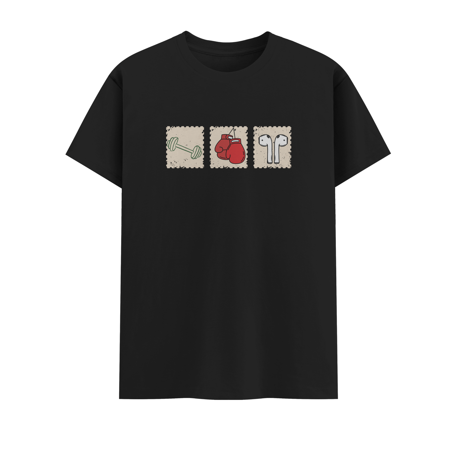 Black t-shirt with graphic design on a white background