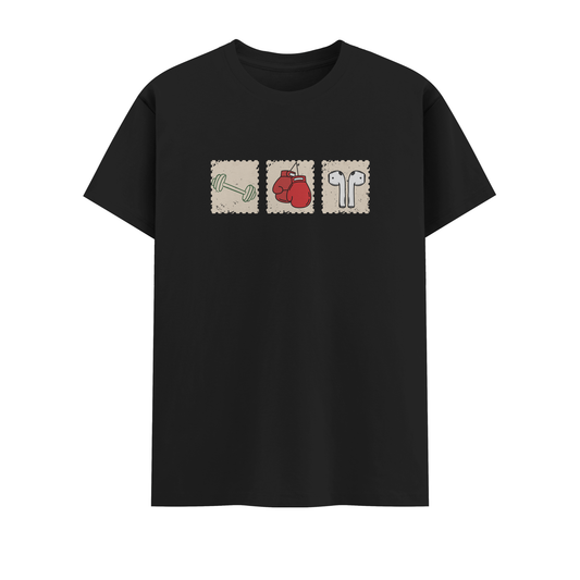 Black t-shirt with graphic design on a white background