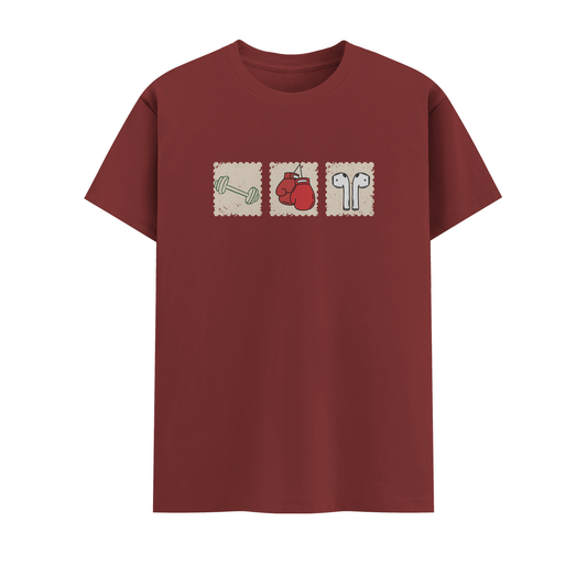 brick red t-shirt with graphic design on a white background