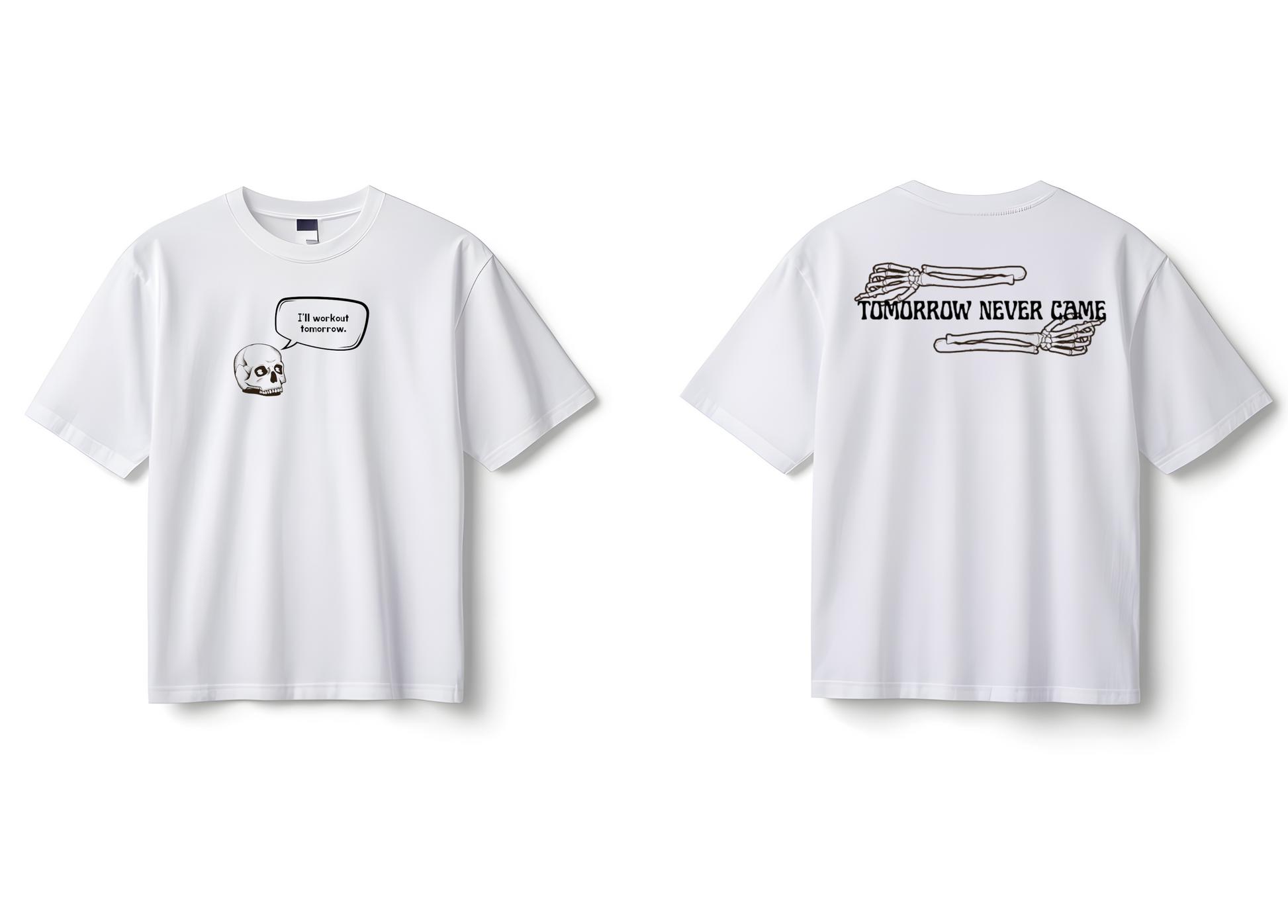 White t-shirt with text and graphics on front and back on a white background