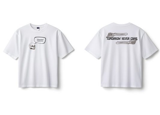 White t-shirt with text and graphics on front and back on a white background