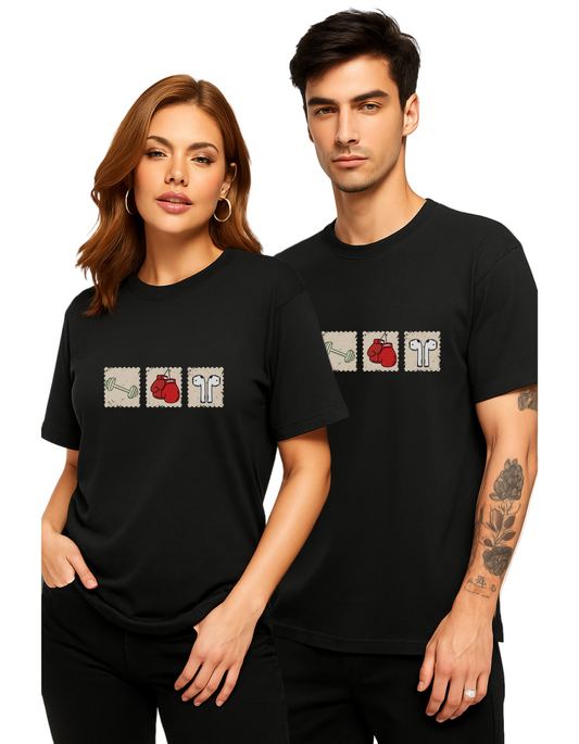 Two people wearing black t-shirts with a graphic design on a white background
