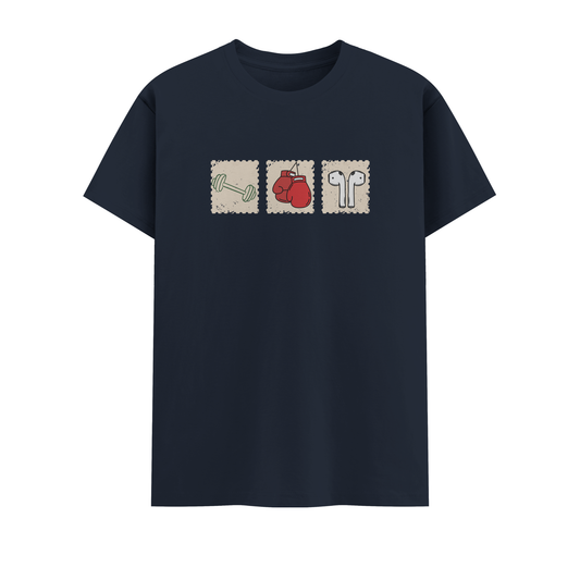 Navy blue t-shirt with graphic design on a white background