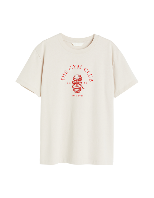 White t-shirt with 'The Gym Club' logo on a white background