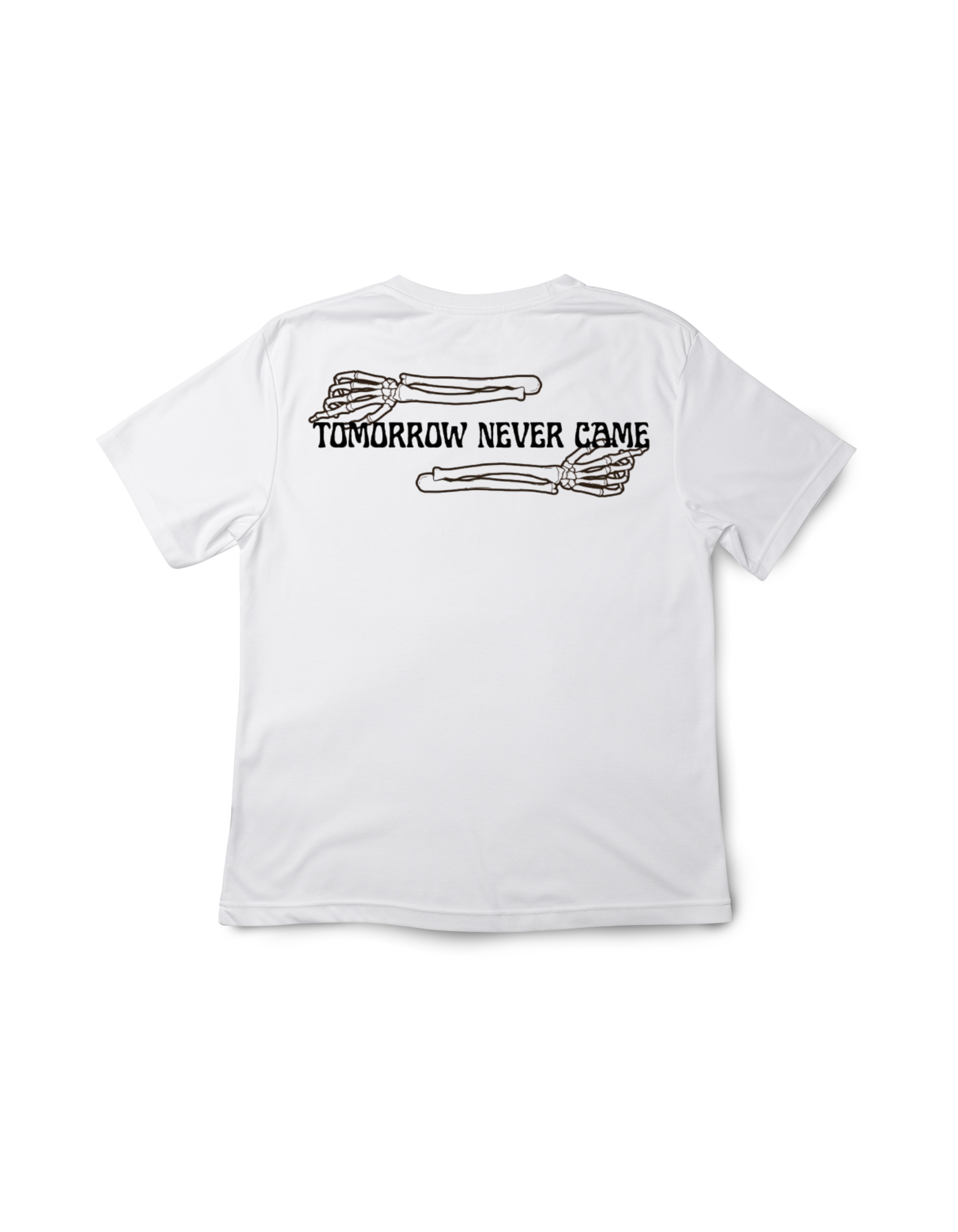 White t-shirt with black text and graphics on a white background