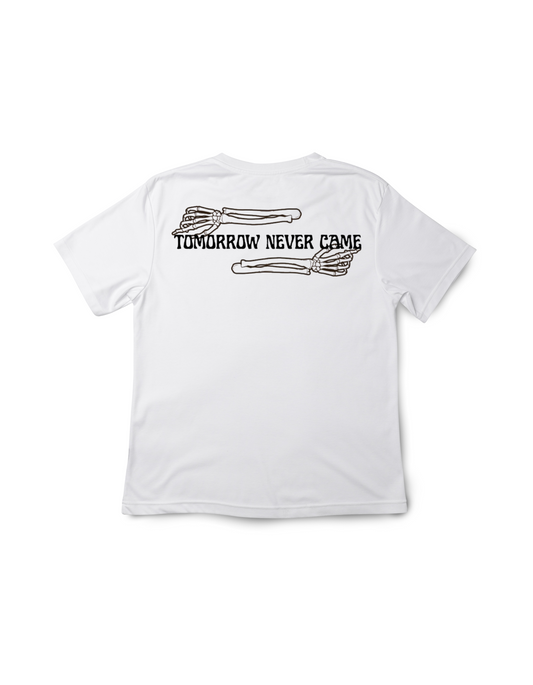 White t-shirt with black text and graphics on a white background