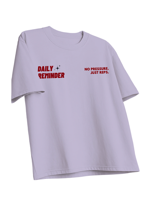 Lavender t-shirt with red text on a light purple background