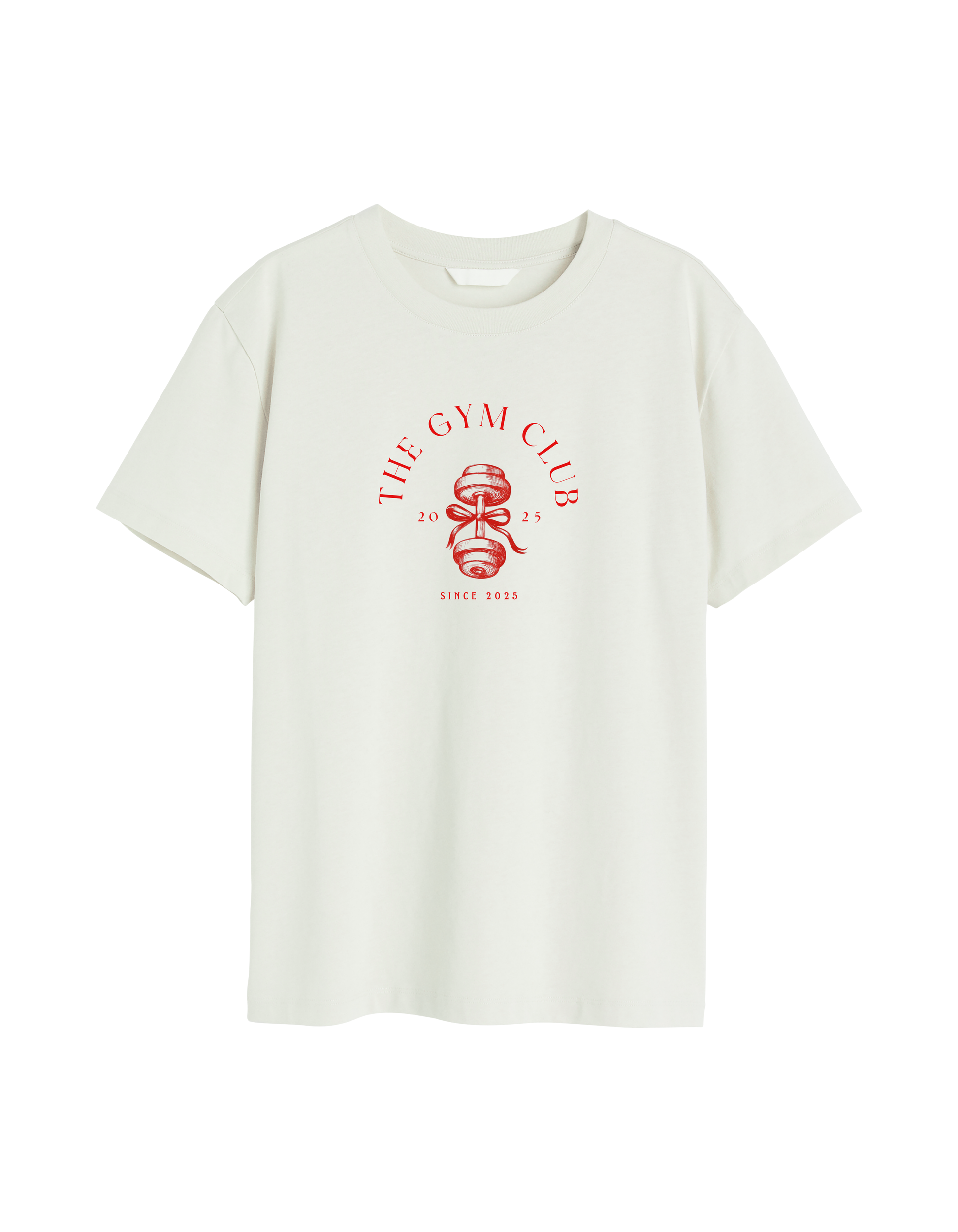 White t-shirt with red 'The Gym Club' logo on a white background
