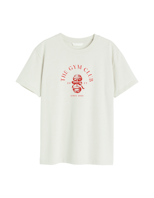 White t-shirt with red 'The Gym Club' logo on a white background
